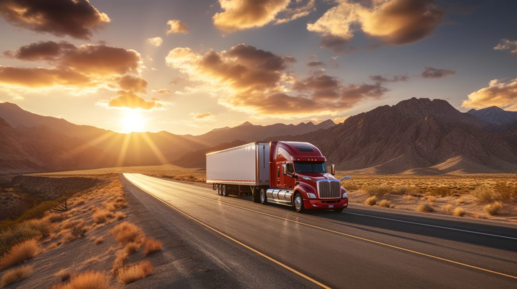 Huge semi-truck crossing the southwest United states on an empty road